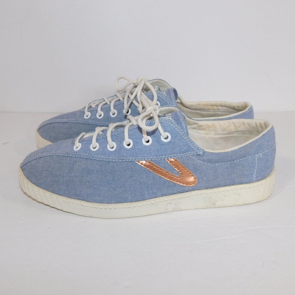 Tretorn Nylite Blue Chambray Rose Gold Lace Up Sneaker Shoe Womens 10